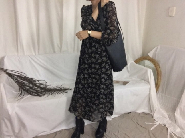 Chrysanthemum flower chiffon long dress 3color Aut