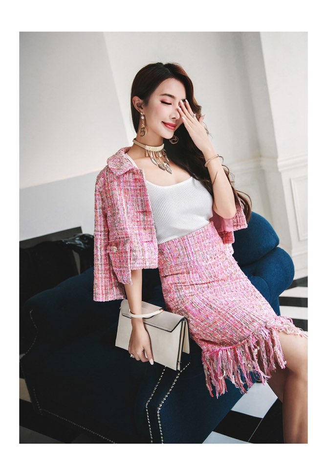 Office Look Pink Tweed Jacket + Surgical Skirt SET