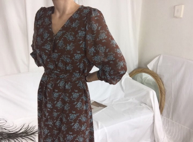 Chrysanthemum flower chiffon long dress 3color Aut