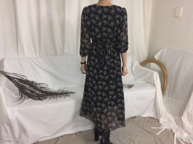 Chrysanthemum flower chiffon long dress 3color Aut