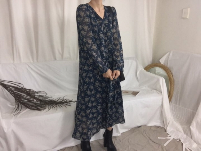 Chrysanthemum flower chiffon long dress 3color Aut