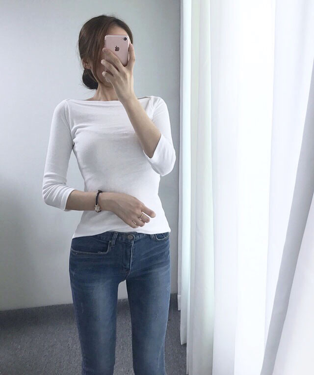 Boat Neck Slim basic part 7 T-shirt Black white li