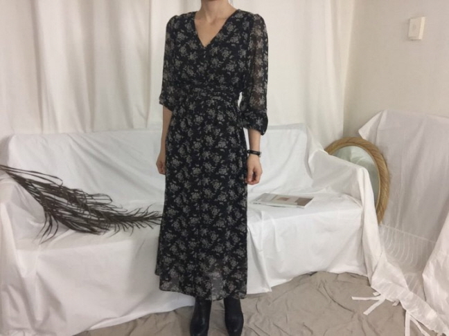 Chrysanthemum flower chiffon long dress 3color Aut