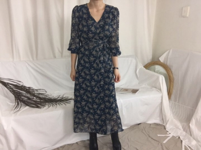 Chrysanthemum flower chiffon long dress 3color Aut