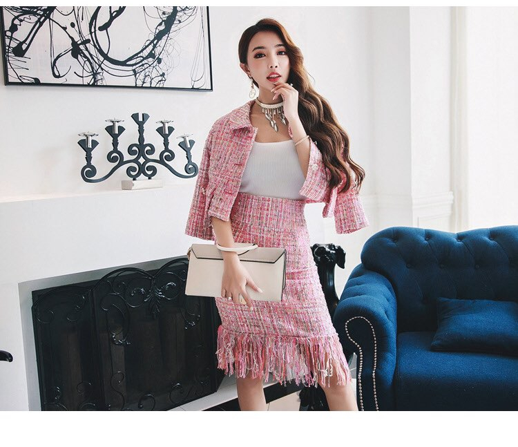 Office Look Pink Tweed Jacket + Surgical Skirt SET