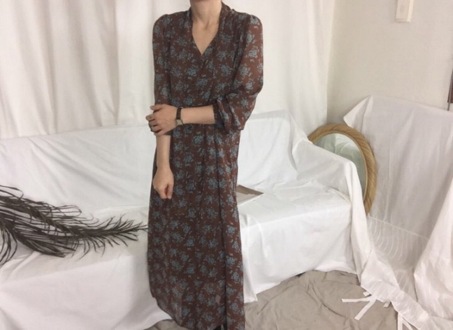 Chrysanthemum flower chiffon long dress 3color Aut