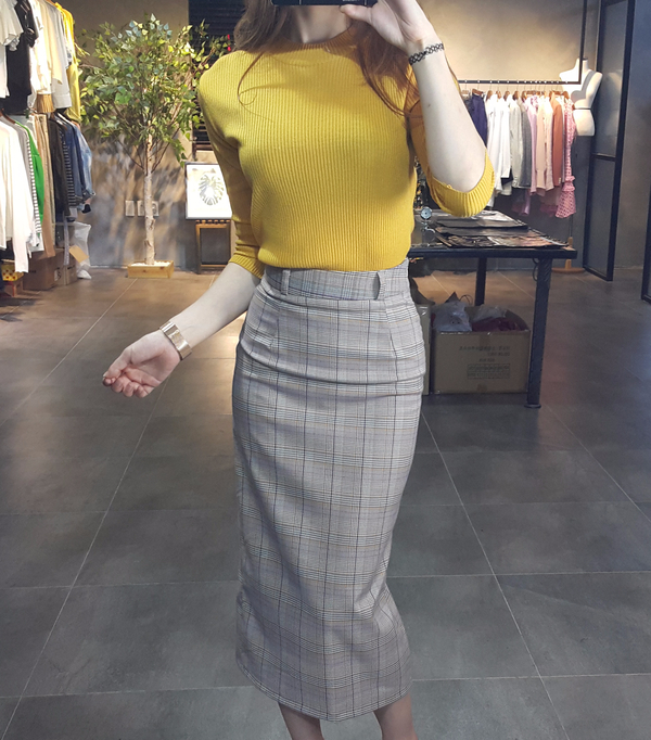 H line snap check long skirt twill Banhai wa h ski