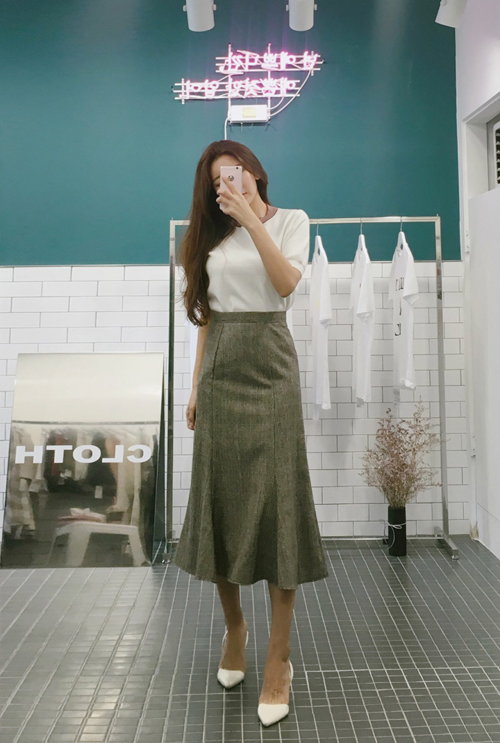 Mermaid check long skirt autumn skirt passenger of