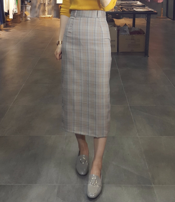 H line snap check long skirt twill Banhai wa h ski