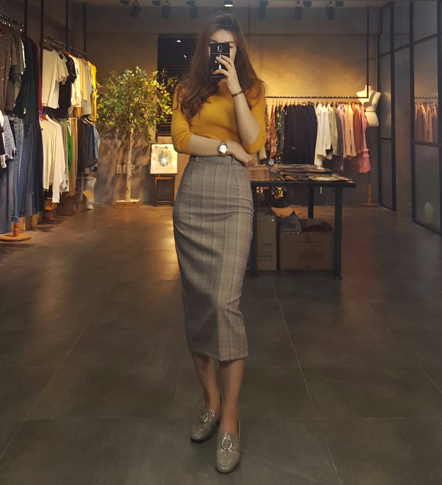 H line snap check long skirt twill Banhai wa h ski