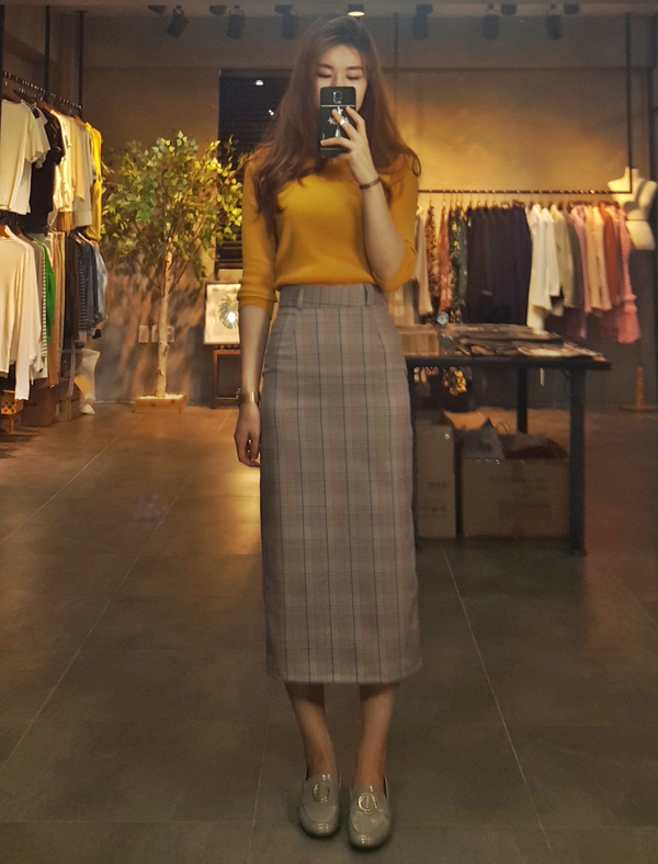 H line snap check long skirt twill Banhai wa h ski