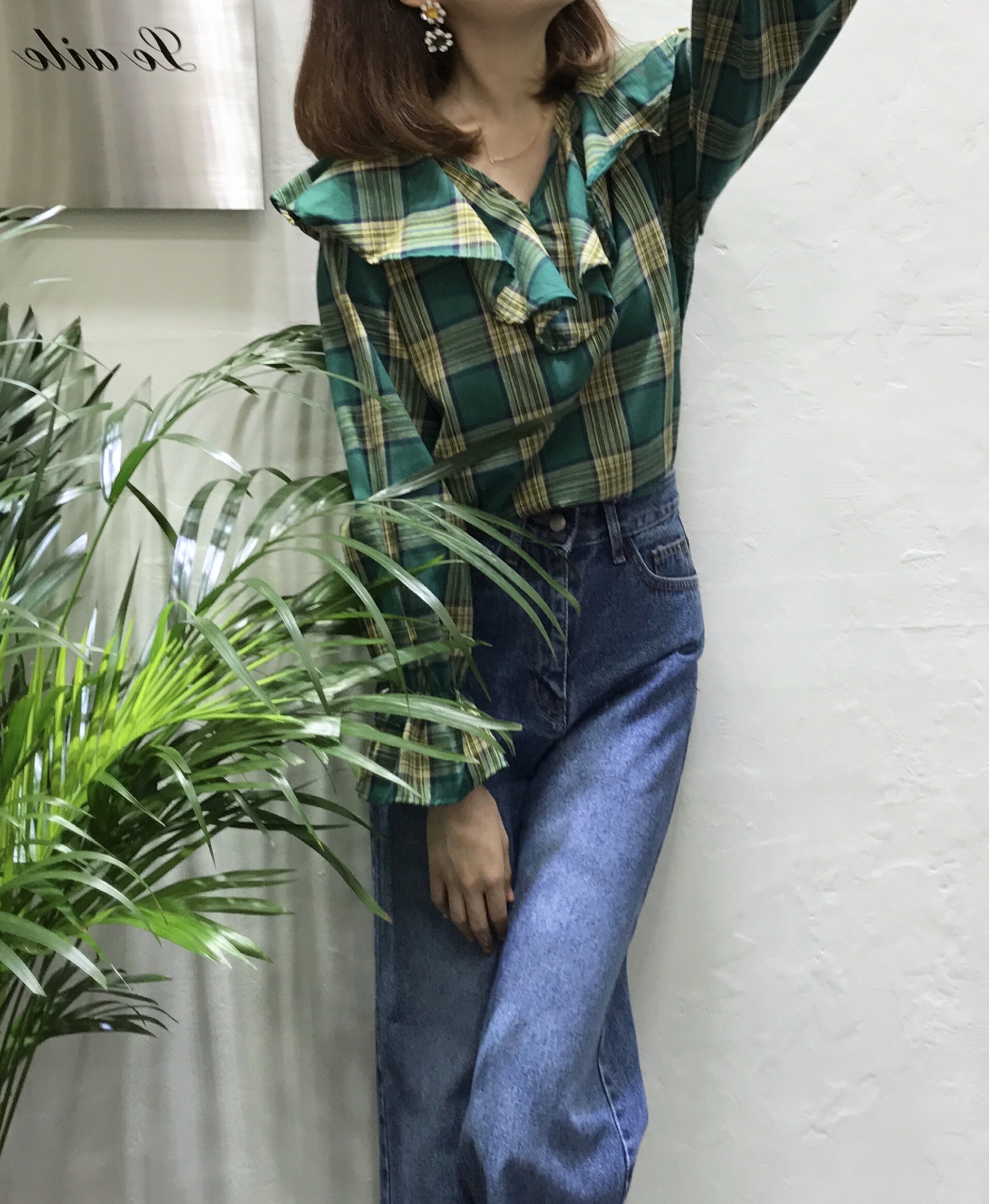 Women Blouses Mens check frilly blouse 2color Gull