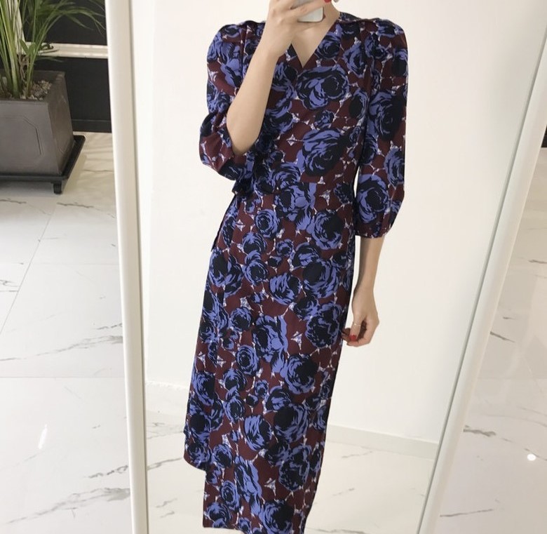 New Women Dress Flower Wrap One Piece Blue, Green 