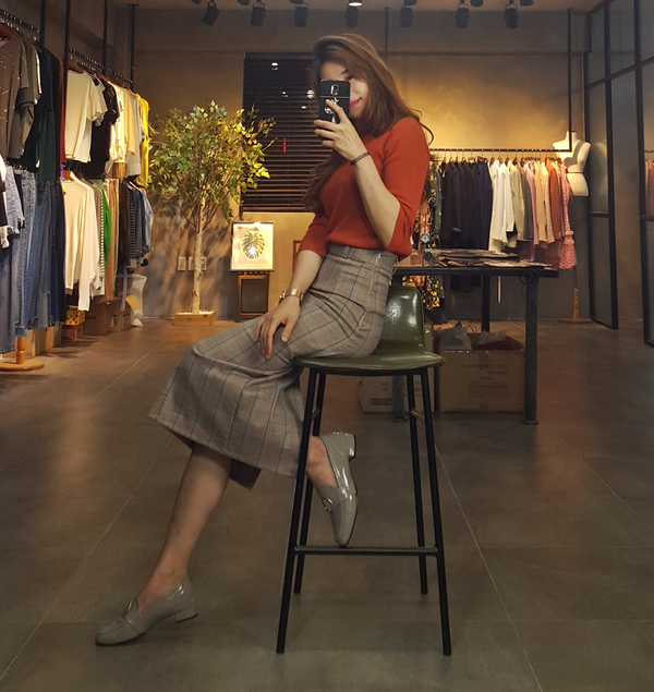 H line snap check long skirt twill Banhai wa h ski