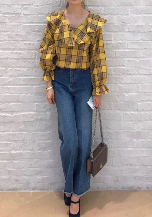 Women Blouses Mens check frilly blouse 2color Gull