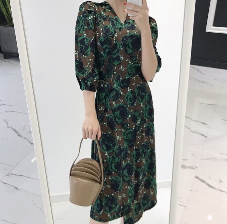 New Women Dress Flower Wrap One Piece Blue, Green 