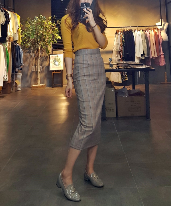 H line snap check long skirt twill Banhai wa h ski