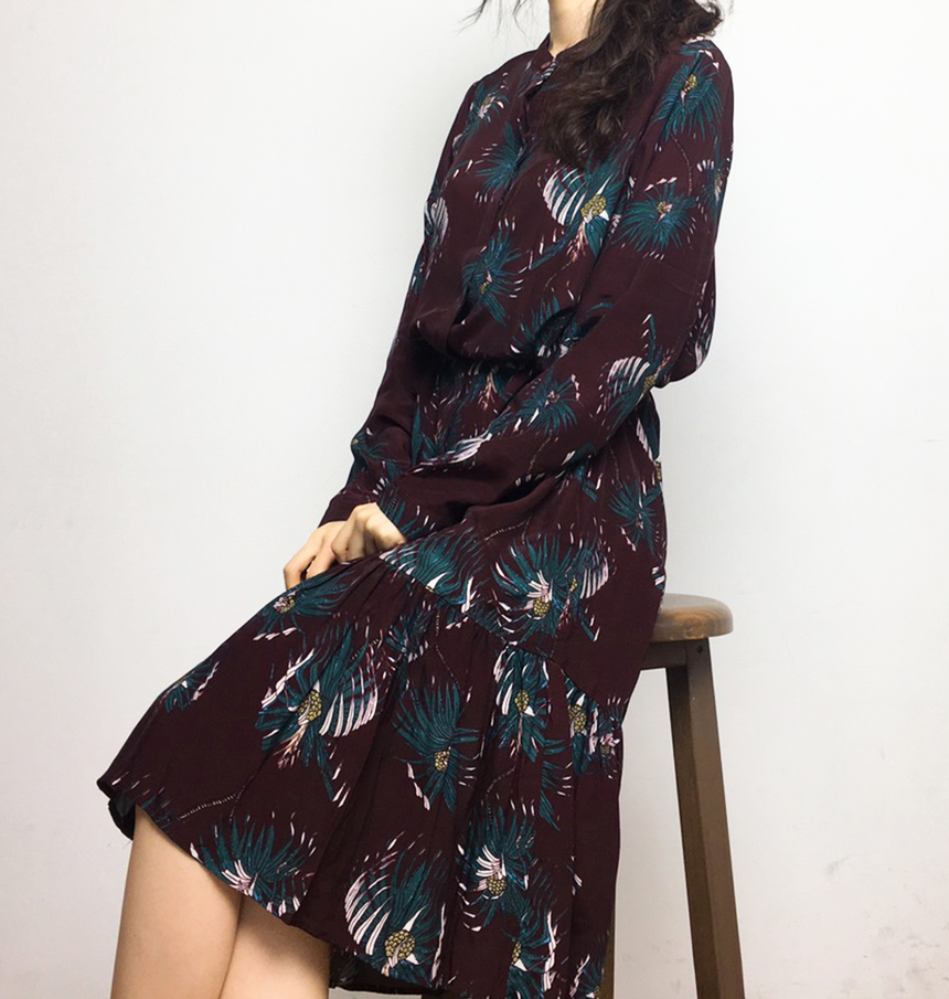 New Women Dress Flower Pattern Autumn Wine Long Dr