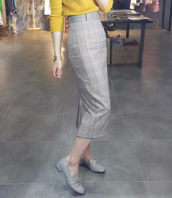 H line snap check long skirt twill Banhai wa h ski