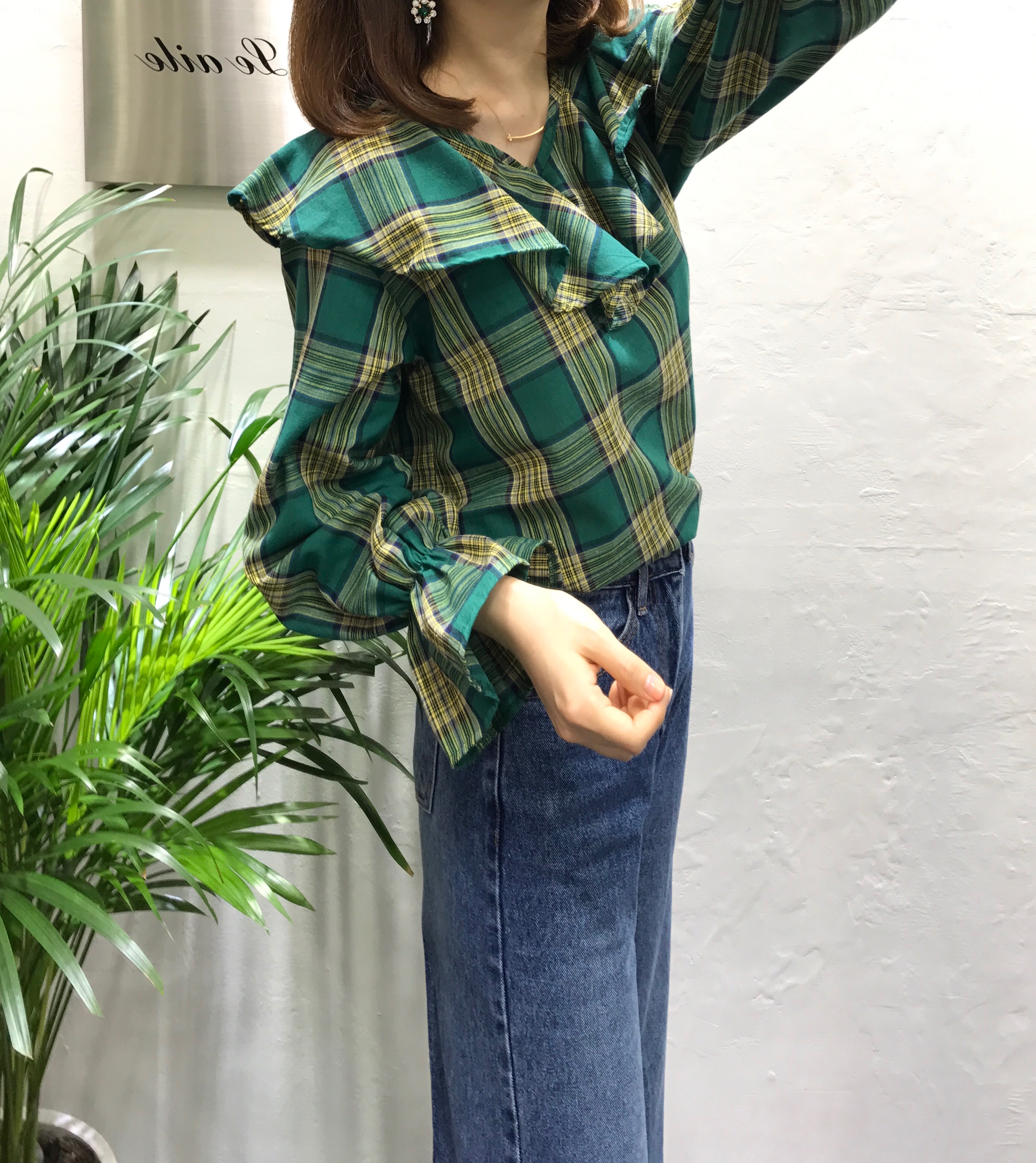 Women Blouses Mens check frilly blouse 2color Gull