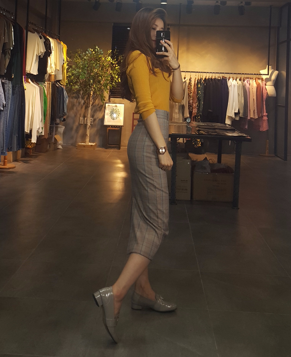 H line snap check long skirt twill Banhai wa h ski