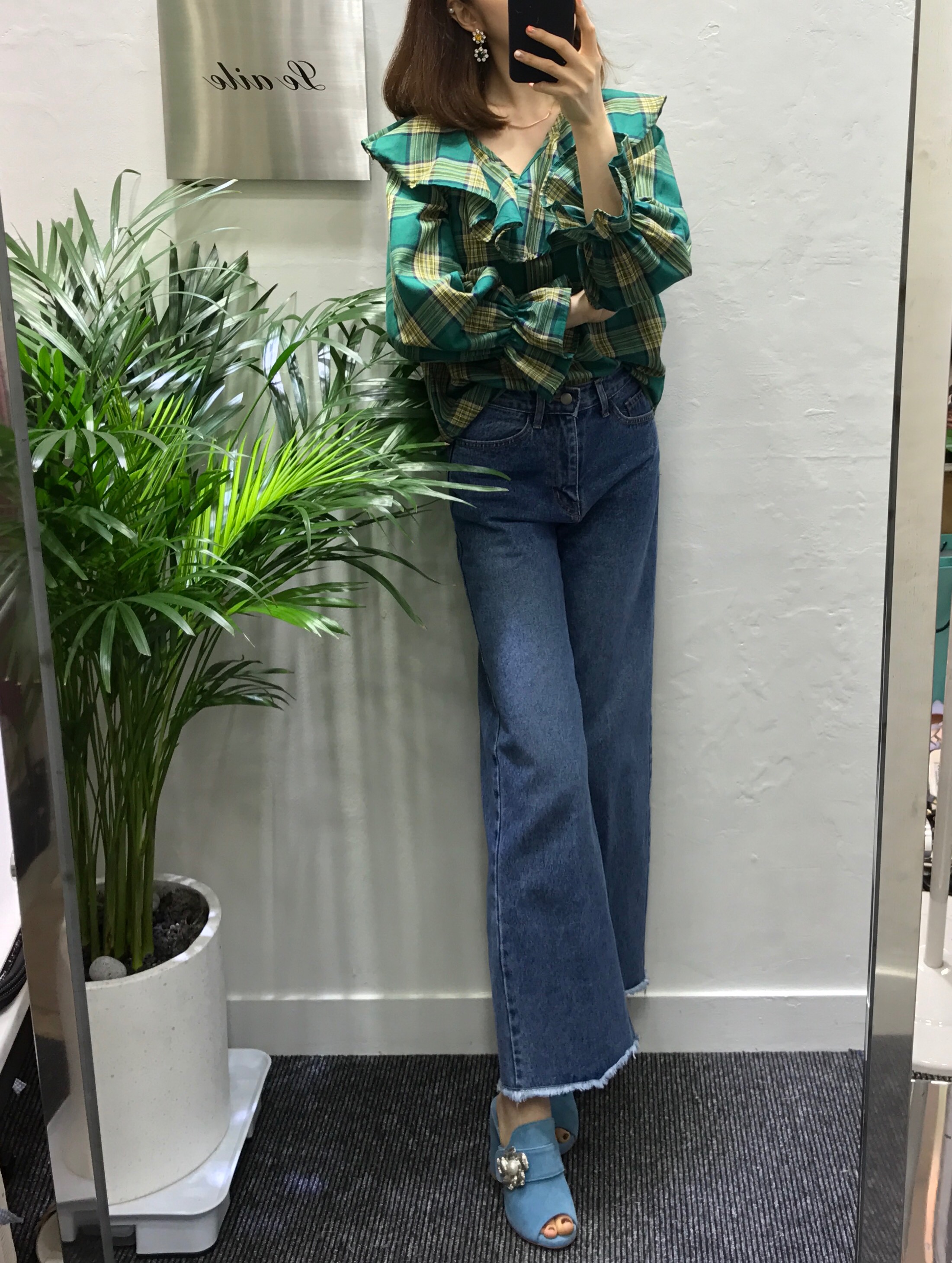 Women Blouses Mens check frilly blouse 2color Gull