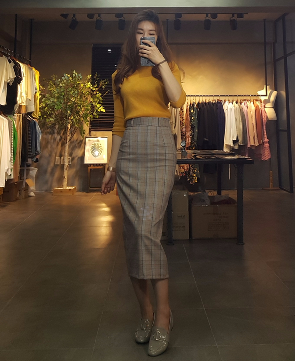 H line snap check long skirt twill Banhai wa h ski