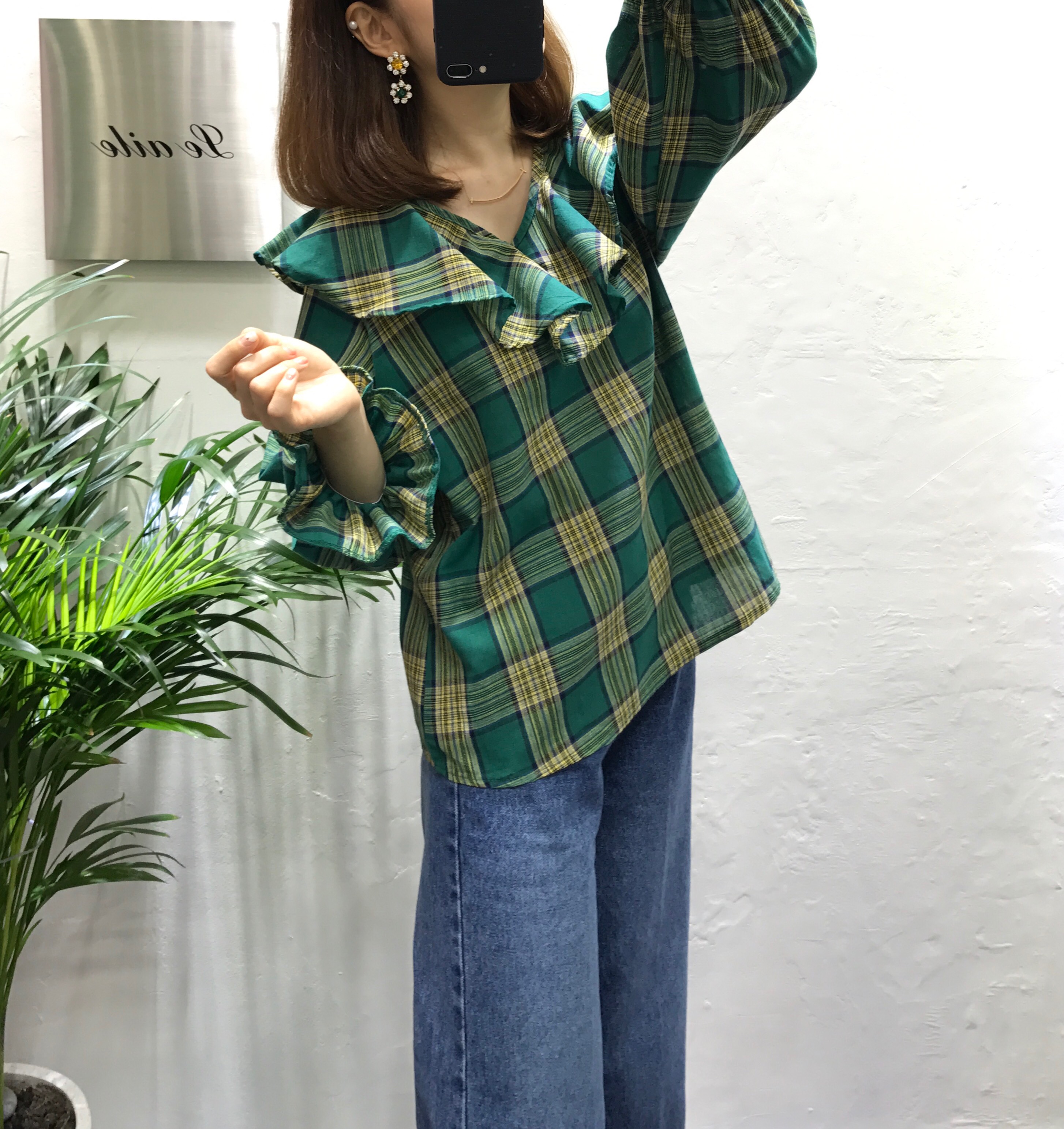 Women Blouses Mens check frilly blouse 2color Gull