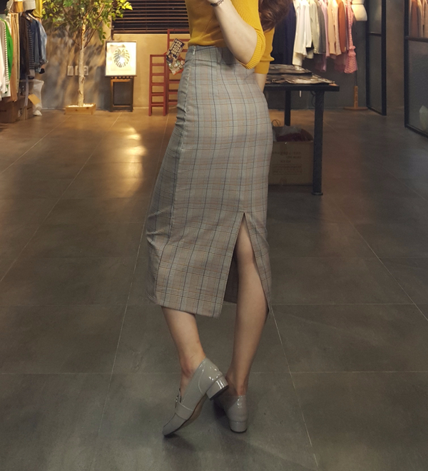 H line snap check long skirt twill Banhai wa h ski