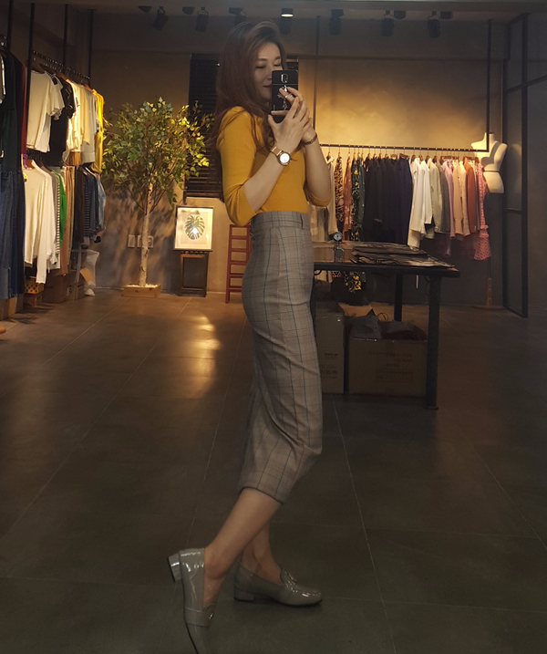 H line snap check long skirt twill Banhai wa h ski