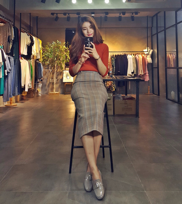 H line snap check long skirt twill Banhai wa h ski