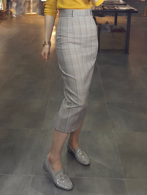 H line snap check long skirt twill Banhai wa h ski