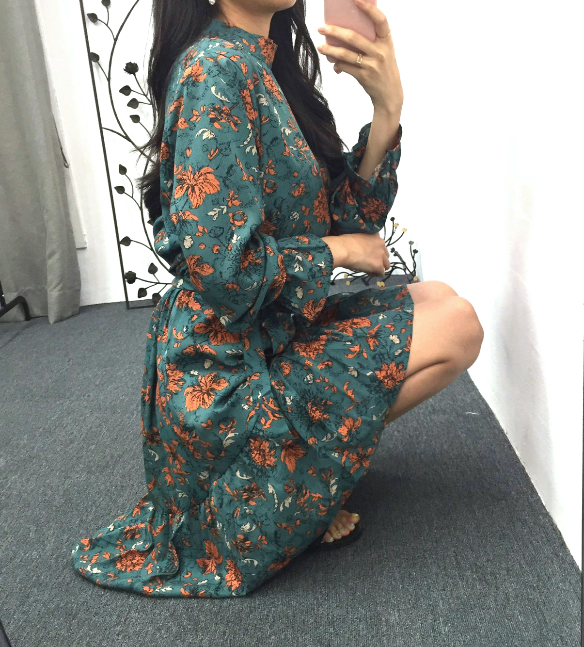 Autumn china neck flower chiffon skirt ruffle dres