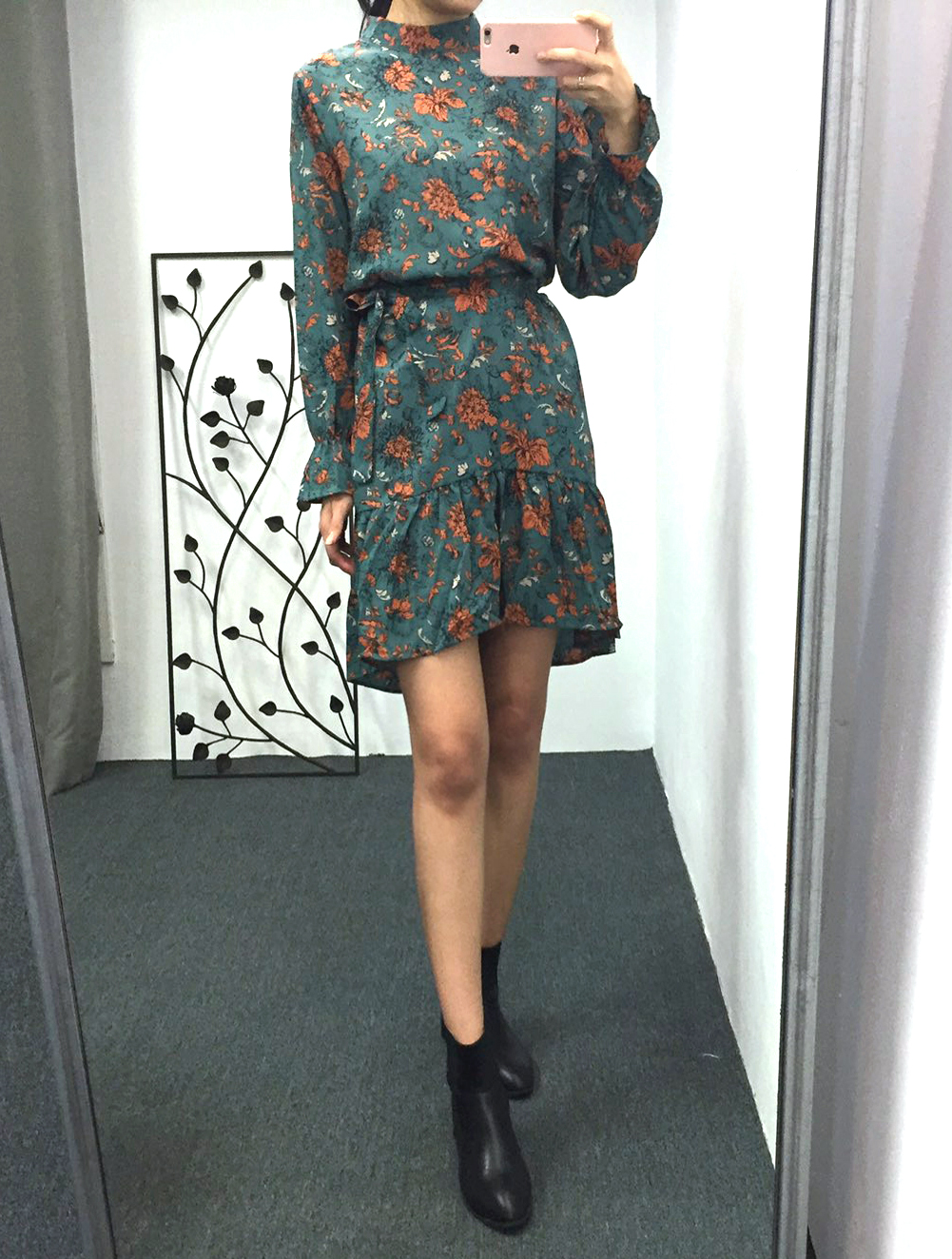 Autumn china neck flower chiffon skirt ruffle dres