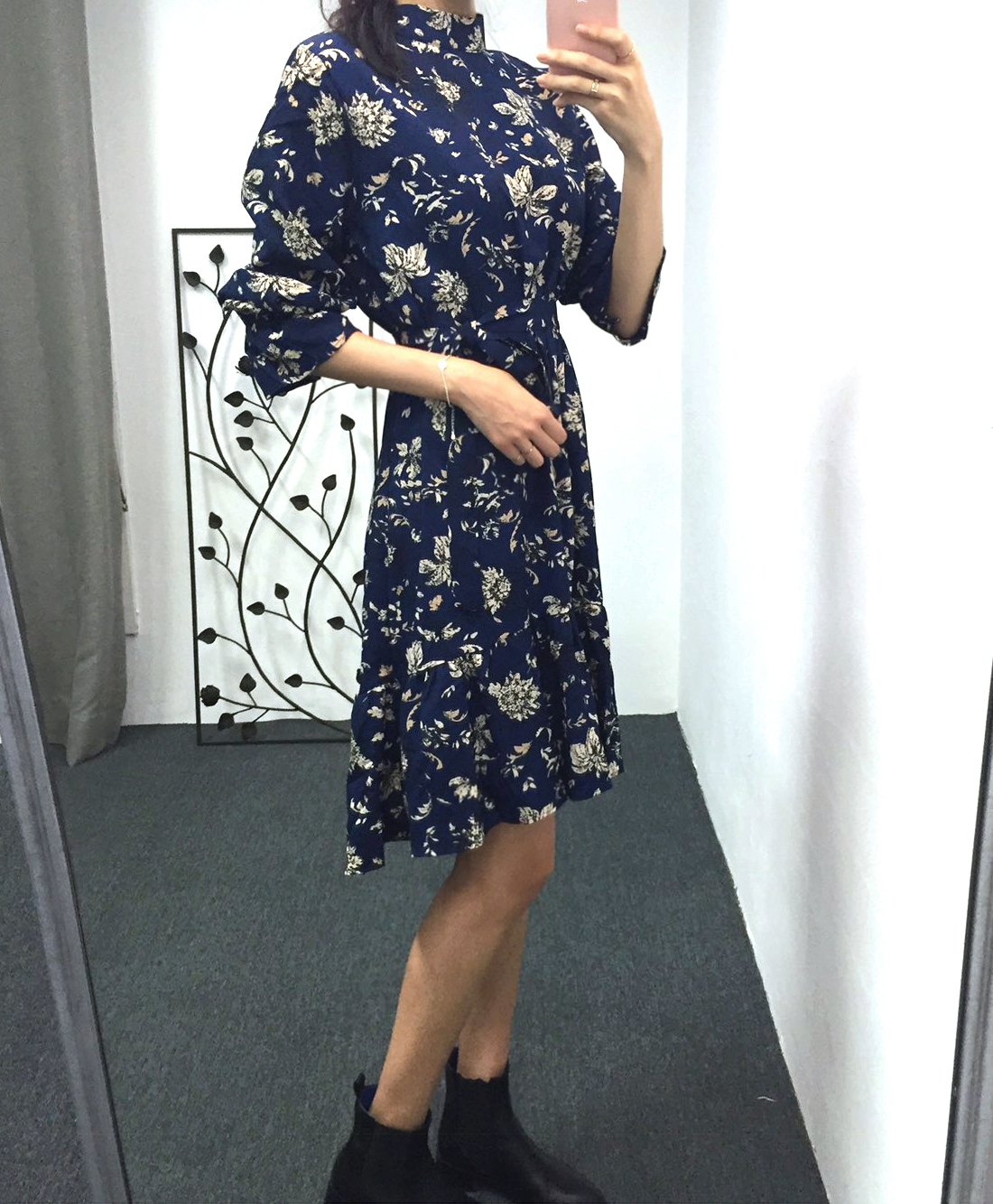 Autumn china neck flower chiffon skirt ruffle dres