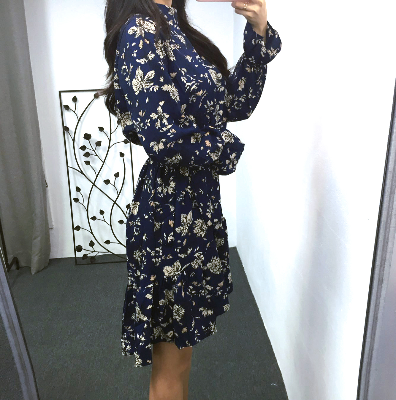 Autumn china neck flower chiffon skirt ruffle dres