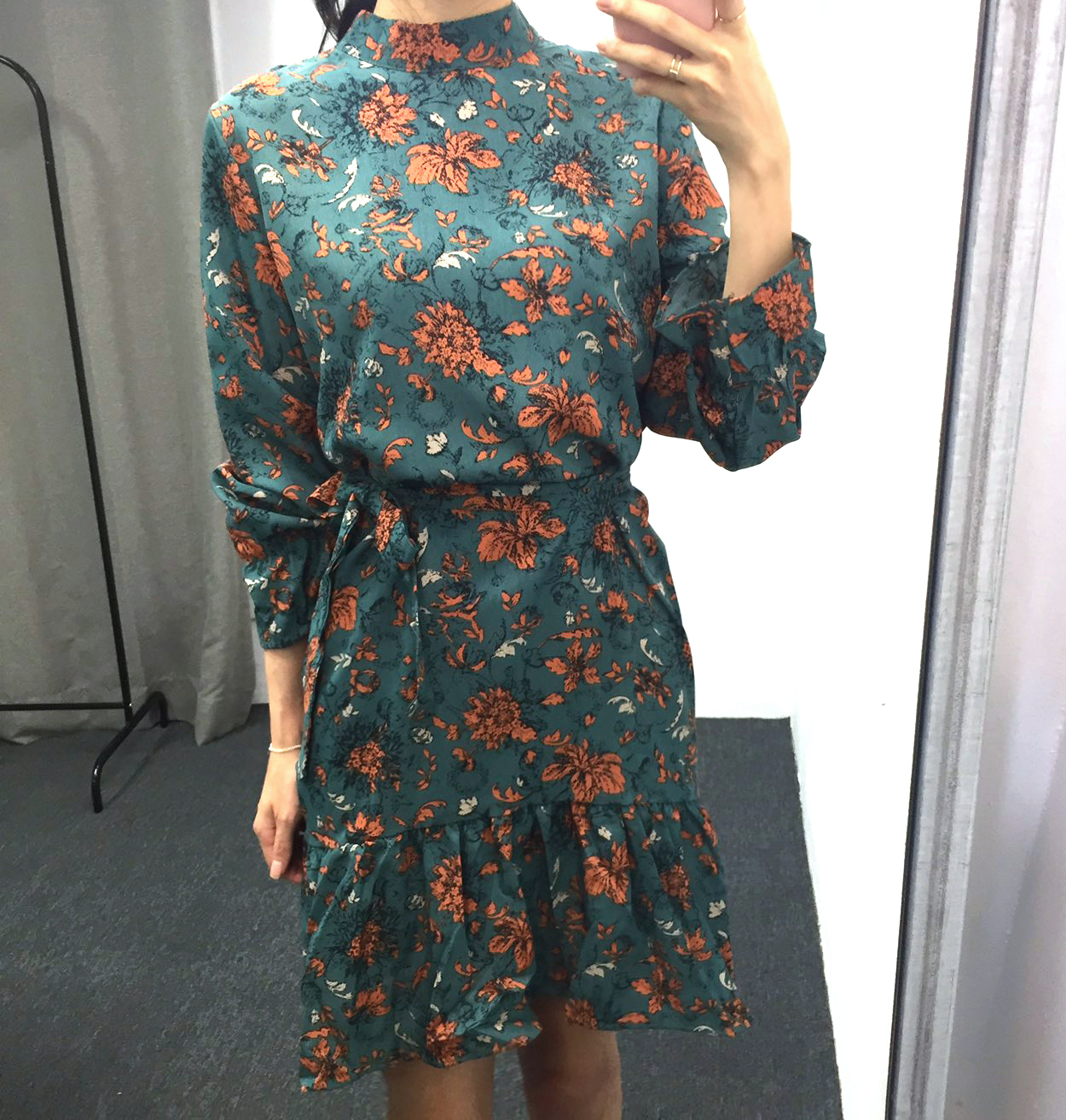 Autumn china neck flower chiffon skirt ruffle dres