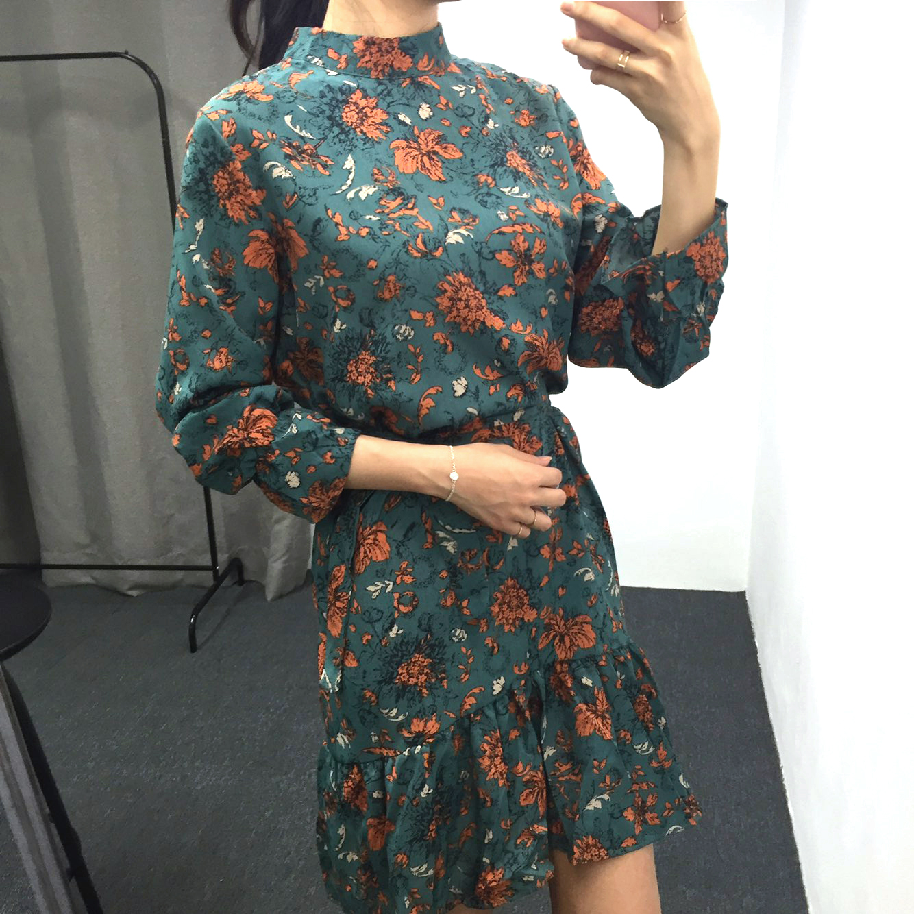 Autumn china neck flower chiffon skirt ruffle dres