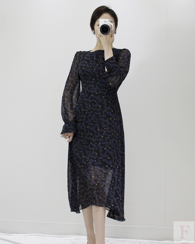 Autumn New Flower Long Sleeve Chiffon Long Dress 3