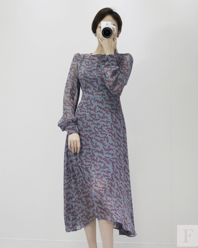 Autumn New Flower Long Sleeve Chiffon Long Dress 3