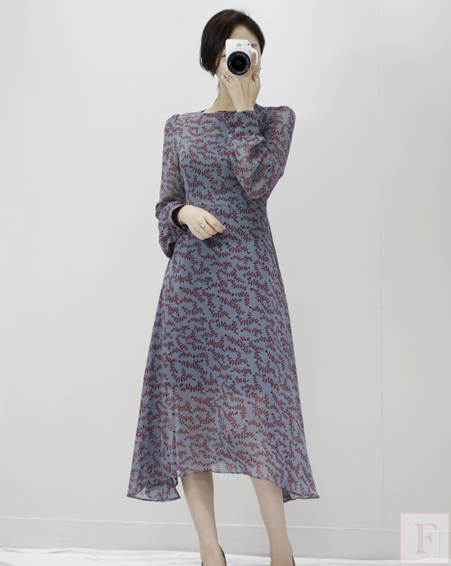 Autumn New Flower Long Sleeve Chiffon Long Dress 3