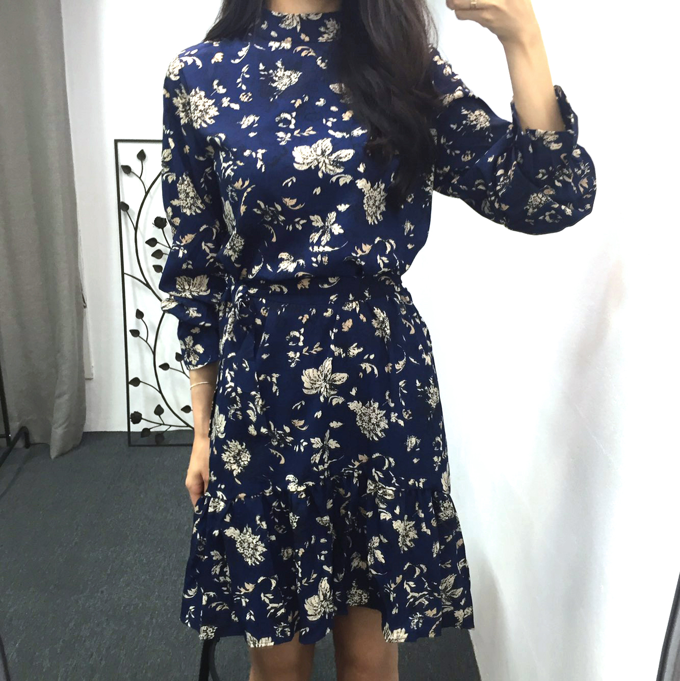 Autumn china neck flower chiffon skirt ruffle dres