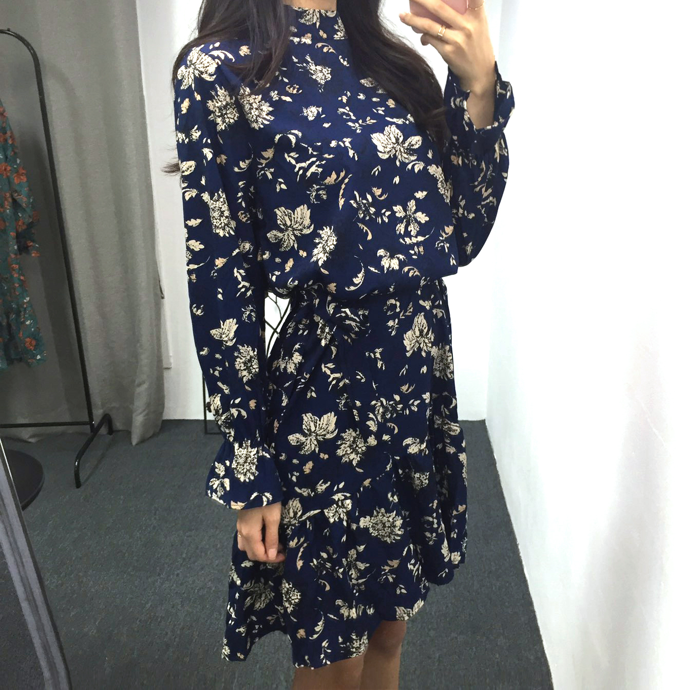 Autumn china neck flower chiffon skirt ruffle dres