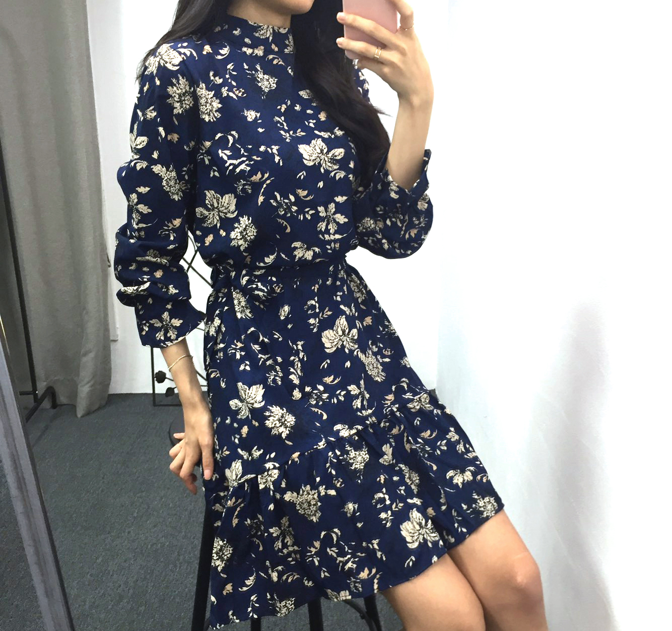 Autumn china neck flower chiffon skirt ruffle dres