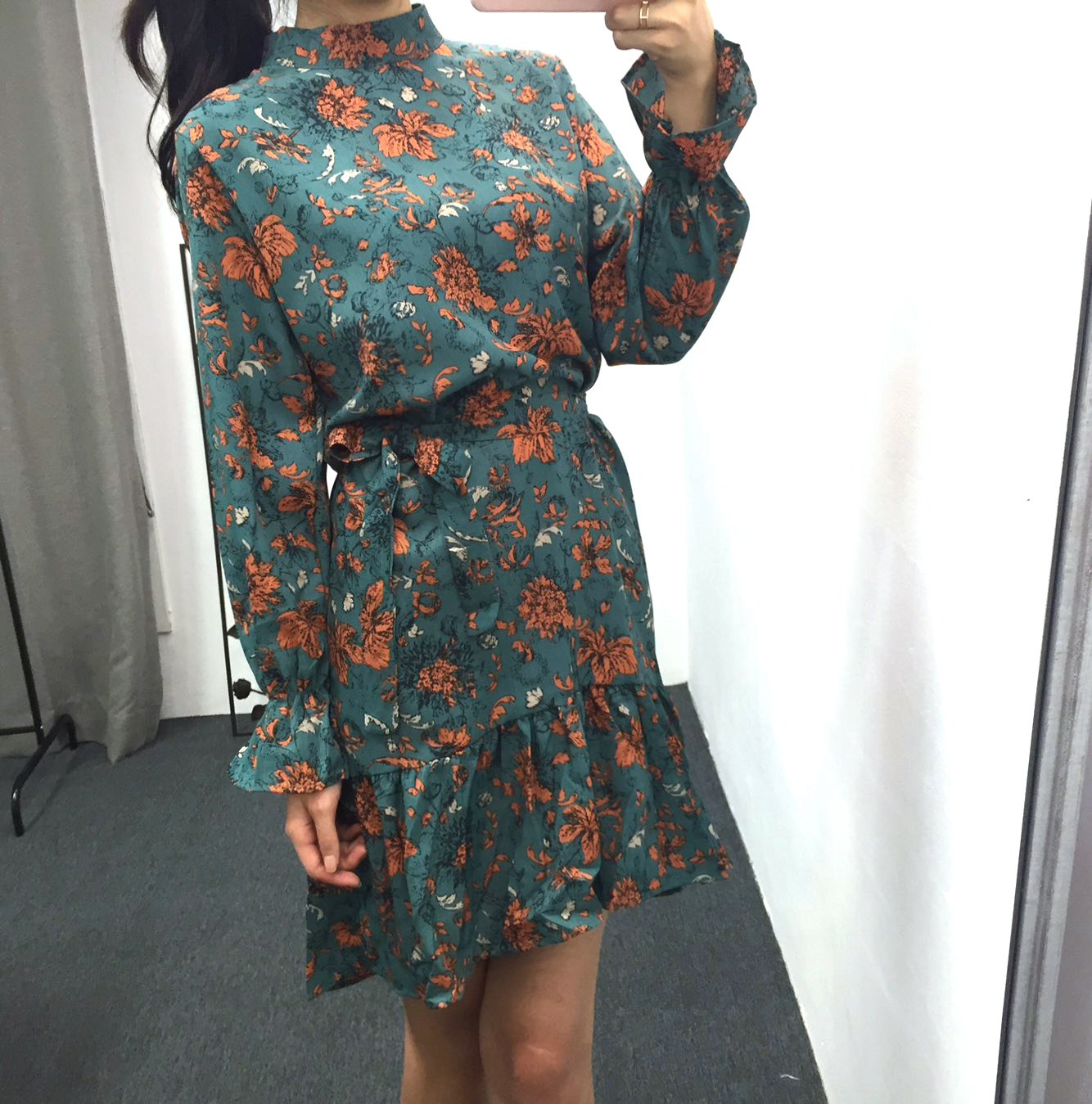 Autumn china neck flower chiffon skirt ruffle dres