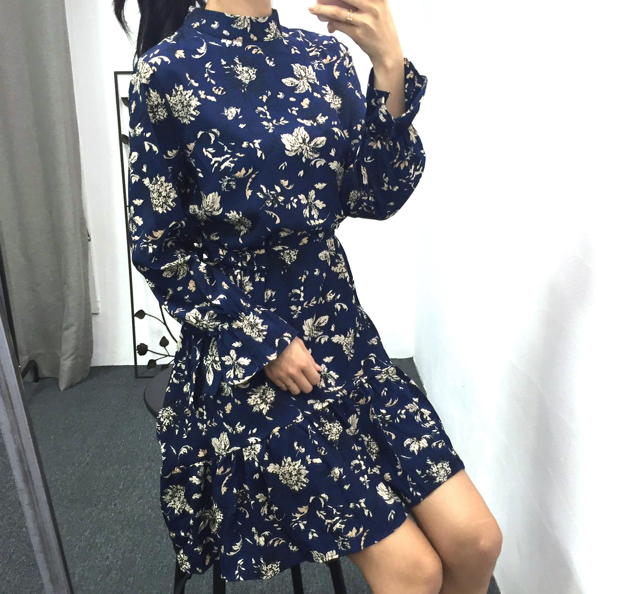 Autumn china neck flower chiffon skirt ruffle dres