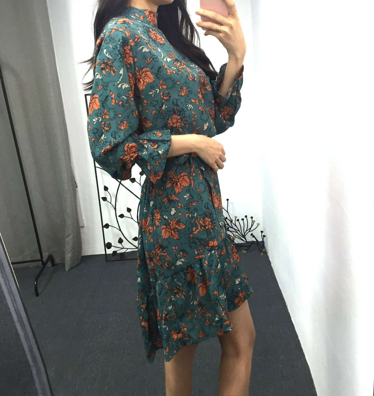 Autumn china neck flower chiffon skirt ruffle dres