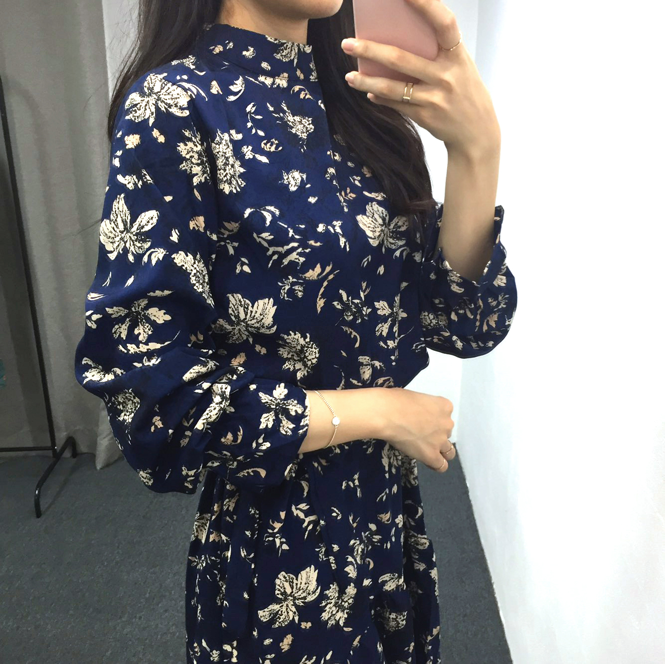 Autumn china neck flower chiffon skirt ruffle dres