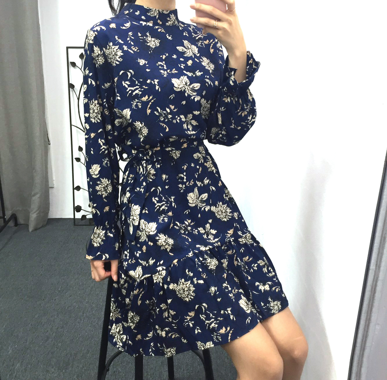 Autumn china neck flower chiffon skirt ruffle dres