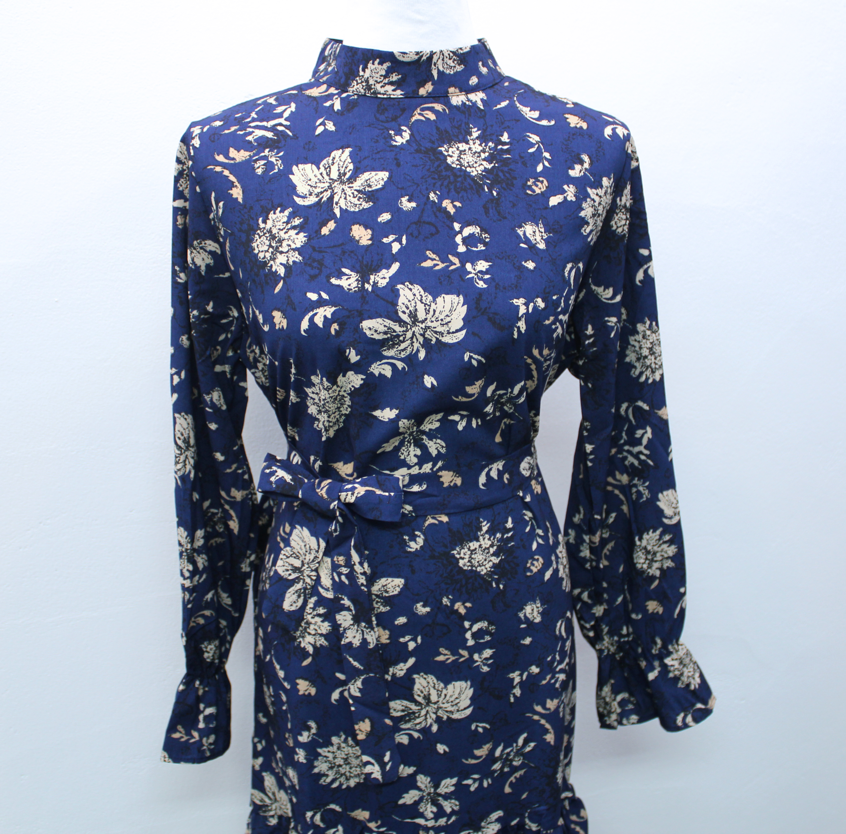 Autumn china neck flower chiffon skirt ruffle dres